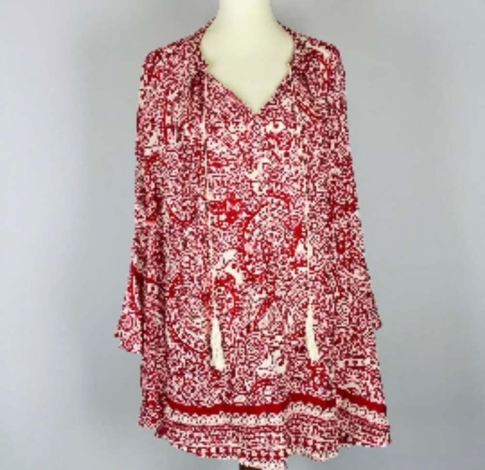 Umgee Tunic Size M Red Paisley Bell Sleeve Boho Shirt Dress
